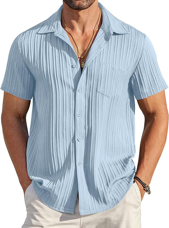 Men's Casual Button Down Shirts Short Sleeve Textured Summer Beach Shirt with Pocket